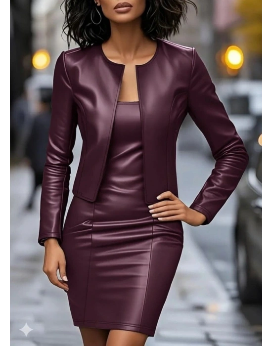 Kadın Uzun Kollu önü Açık Deri Ceket Ve Askılı Yuvarlak Yakalı Mini Elbise Ikili Takım