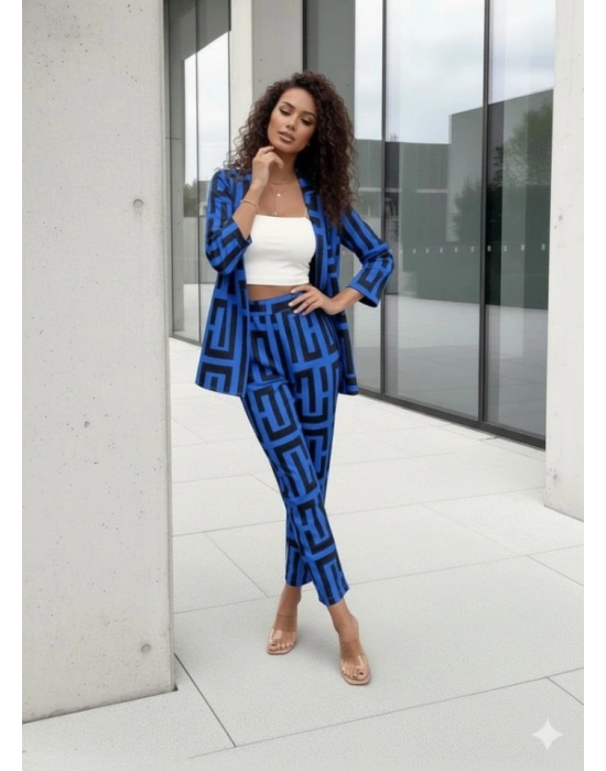 Kadın Uzun Kollu önü Açık Desenli Iki Iplik Ceket Ve Pantolon Ikili Takım