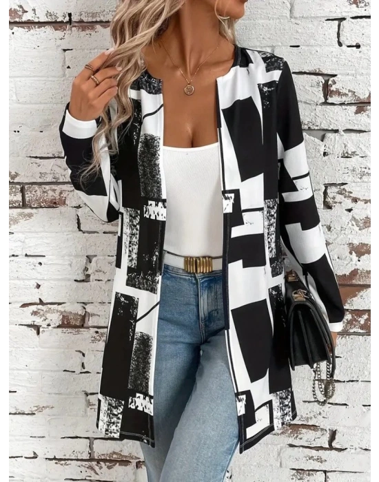 Kadın Uzun Kollu önü Açık Desenli Modal Kısa Ceket