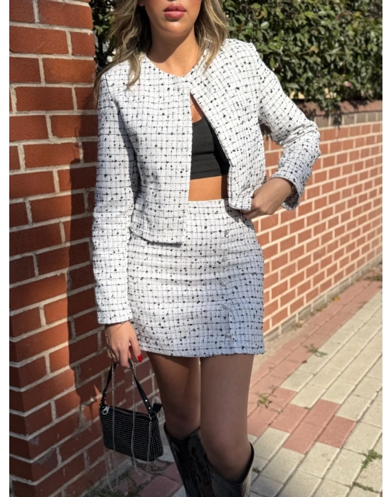 Kadın Uzun Kollu önü Açık Dokuma Ceket Ve Mini Etek Ikili Takım