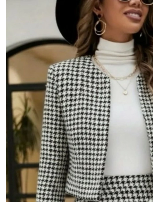 Kadın Uzun Kollu önü Açık Dokuma Ceket Ve Mini Etek Ikili Takım