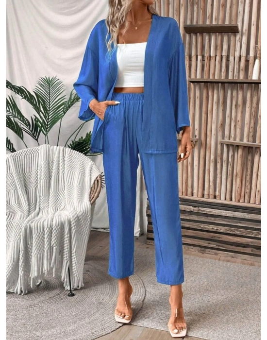 Kadın Uzun Kollu önü Açık Dokuma Ceket Ve Pantolon Ikili Takım