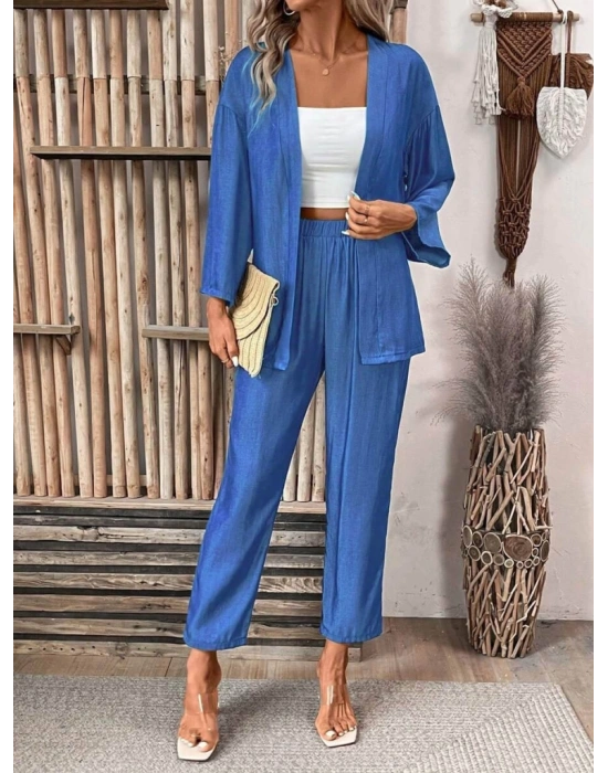 Kadın Uzun Kollu önü Açık Dokuma Ceket Ve Pantolon Ikili Takım