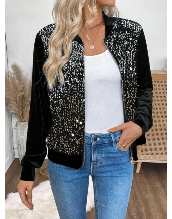 Kadın Uzun Kollu önü Açık Fermuarlı Pulpayetli Kadife Ceket