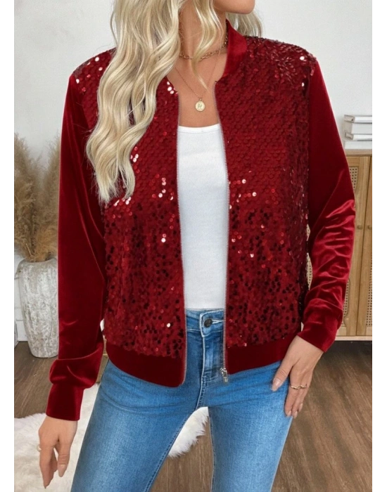 Kadın Uzun Kollu önü Açık Fermuarlı Pulpayetli Kadife Ceket