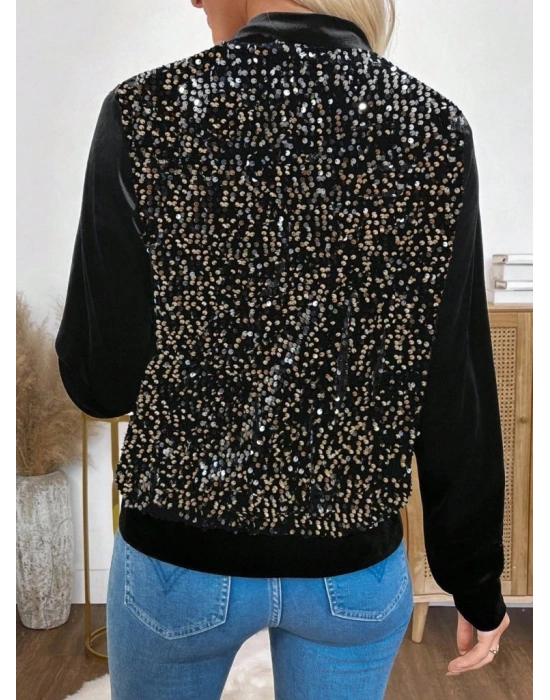 Kadın Uzun Kollu önü Açık Fermuarlı Pulpayetli Kadife Ceket