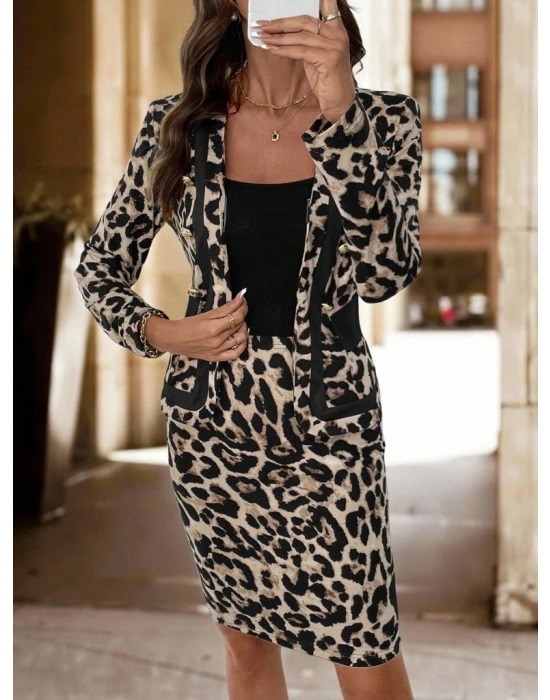 Kadın Uzun Kollu önü Açık Leopar Desen Modal Ceket Ve Etek Ikili Takım