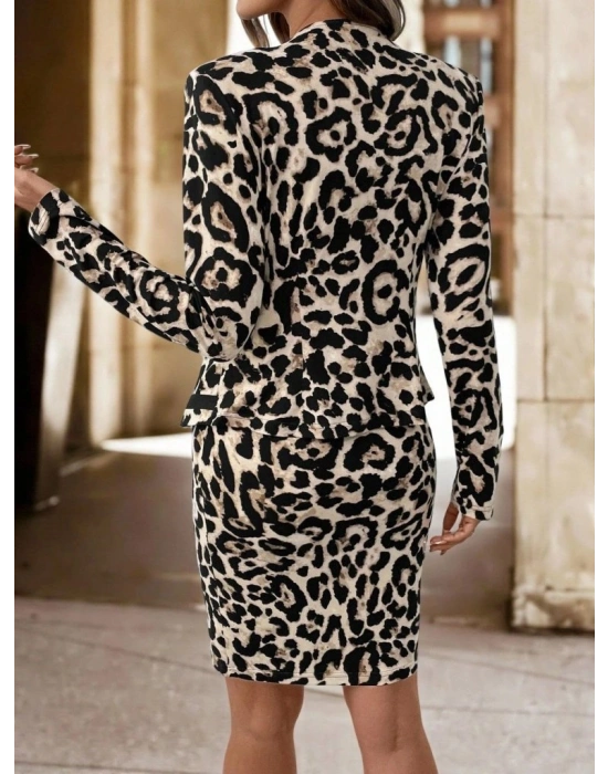 Kadın Uzun Kollu önü Açık Leopar Desen Modal Ceket Ve Etek Ikili Takım