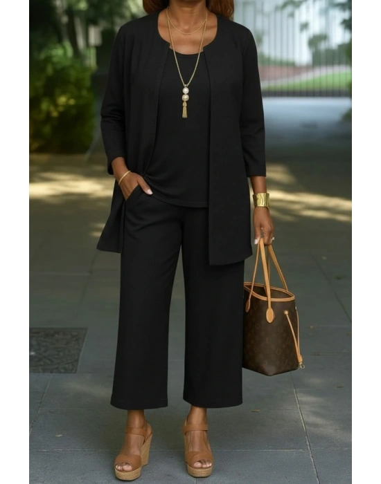 Kadın Uzun Kollu önü Açık Modal Ceket Kolsuz Viskon Iki Iplik Bluz Ve Pantolon üçlü Takım