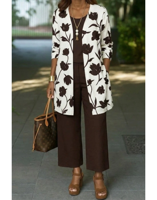 Kadın Uzun Kollu önü Açık Modal Ceket Kolsuz Viskon Iki Iplik Bluz Ve Pantolon üçlü Takım