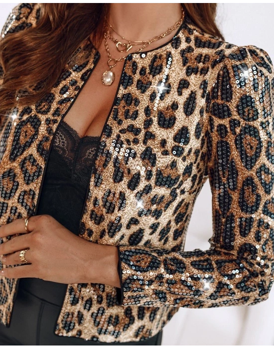 Kadın Uzun Kollu önü Açık Pulpayet Detaylı Leopar Desenli Kısa Ceket