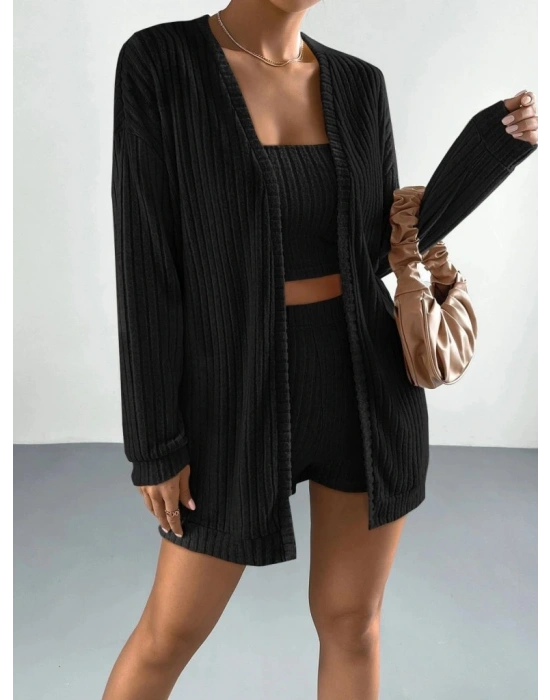 Kadın Uzun Kollu önü Açık şardonlu Kaşkorse Ceket Büstiyer Ve Short üçlü Takım