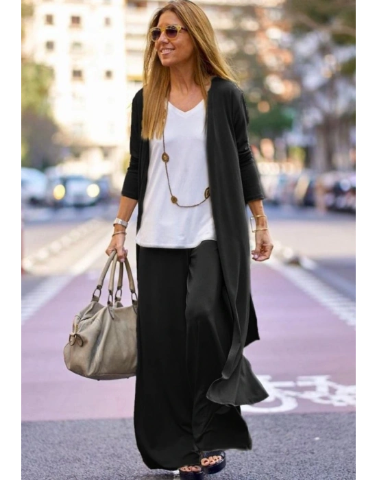 Kadın Uzun Kollu önü Açık Viskon Ceket Ve Pantolon Ikili Takım