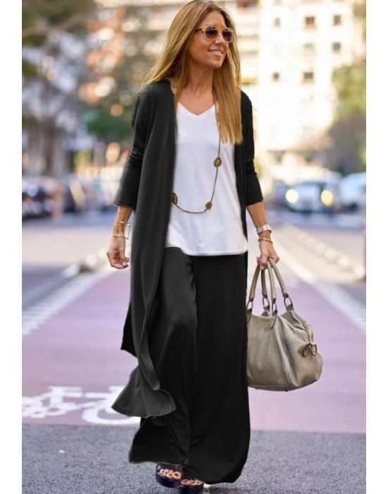 Kadın Uzun Kollu önü Açık Viskon Ceket Ve Pantolon Ikili Takım