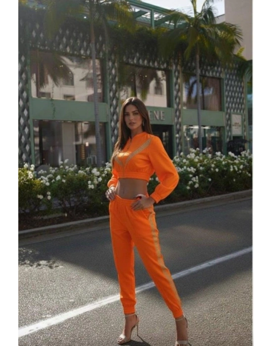 Kadın Uzun Kollu önü şerit Detay Kısa Ceket Ve Pantolon Ikili Takım