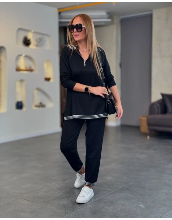 Kadın Uzun Kollu Ribana Ve Fermuar Detay Bluz Ve Yüksel Bel Pantolon 2li Takım