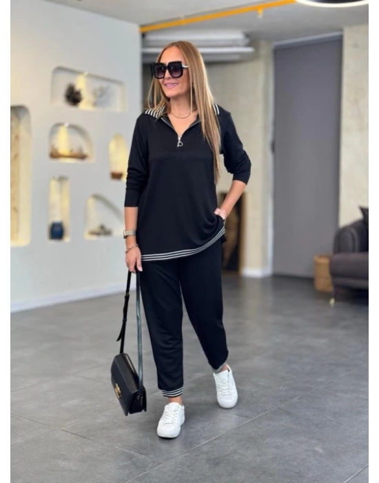 Kadın Uzun Kollu Ribana Ve Fermuar Detay Bluz Ve Yüksel Bel Pantolon 2li Takım