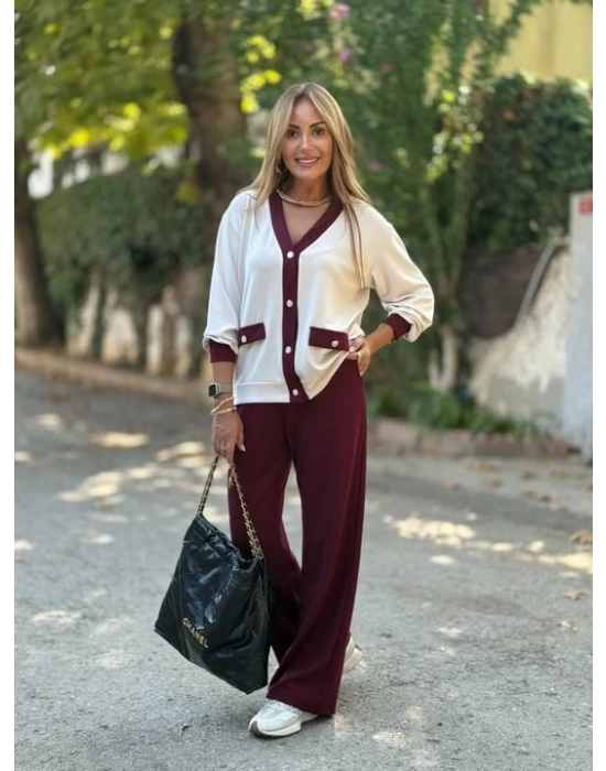 Kadın Uzun Kollu Ribanali Cep Detay Hırka Ve Bol Paça Pantolon Ikili Takım