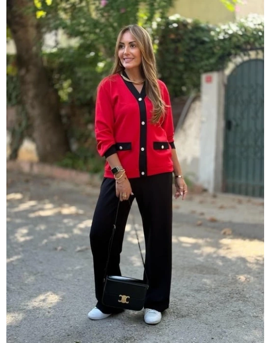 Kadın Uzun Kollu Ribanali Cep Detay Hırka Ve Bol Paça Pantolon Ikili Takım