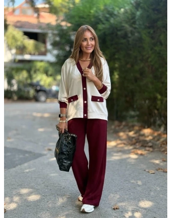 Kadın Uzun Kollu Ribanali Cep Detay Hırka Ve Bol Paça Pantolon Ikili Takım