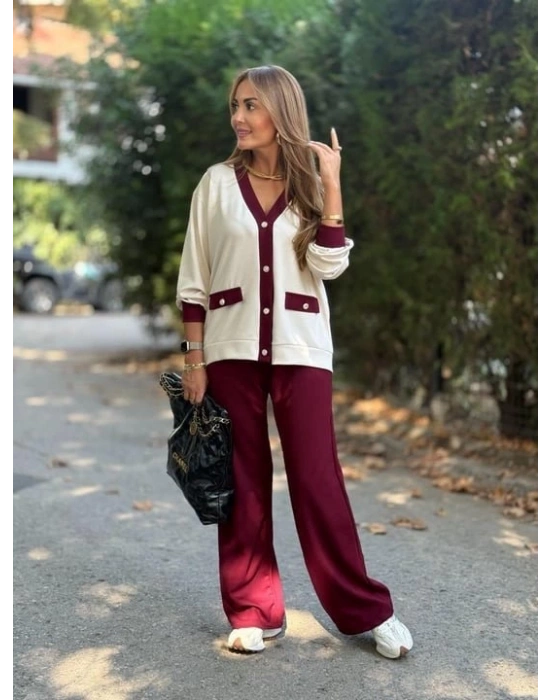 Kadın Uzun Kollu Ribanali Cep Detay Hırka Ve Bol Paça Pantolon Ikili Takım