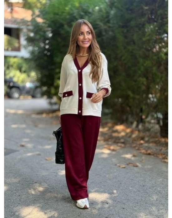 Kadın Uzun Kollu Ribanali Cep Detay Hırka Ve Bol Paça Pantolon Ikili Takım