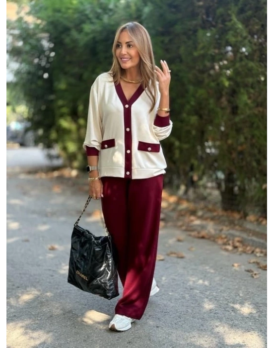 Kadın Uzun Kollu Ribanali Cep Detay Hırka Ve Bol Paça Pantolon Ikili Takım