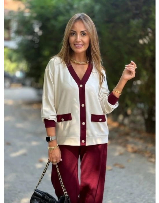 Kadın Uzun Kollu Ribanali Cep Detay Hırka Ve Bol Paça Pantolon Ikili Takım