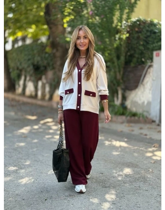 Kadın Uzun Kollu Ribanali Cep Detay Hırka Ve Bol Paça Pantolon Ikili Takım