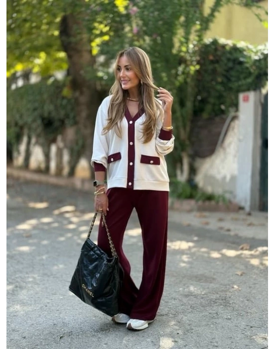 Kadın Uzun Kollu Ribanali Cep Detay Hırka Ve Bol Paça Pantolon Ikili Takım