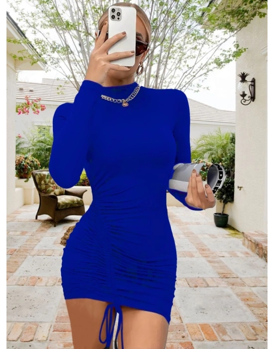 Kadın Uzun Kollu Sağ Belden Sol Etek Ucuna Doğru Hafif çapraz Büzgülü Sandy Mini Boy Elbise