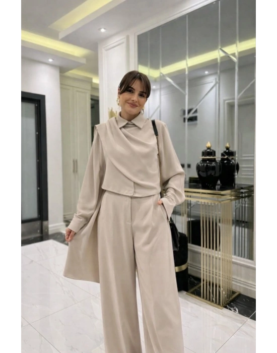 Kadın Uzun Kollu şal Detaylı Bluz Ve Pantolon Kemer Dahil Ikili Takım