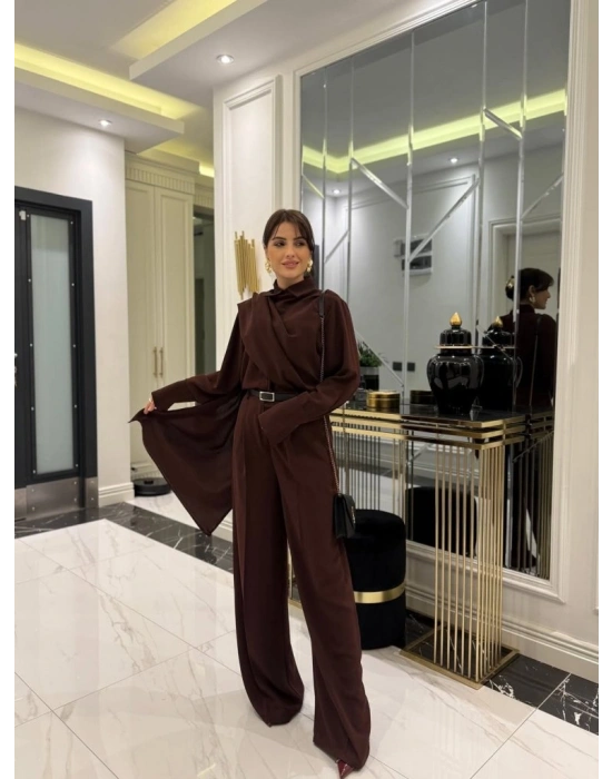 Kadın Uzun Kollu şal Detaylı Bluz Ve Pantolon Kemer Dahil Ikili Takım