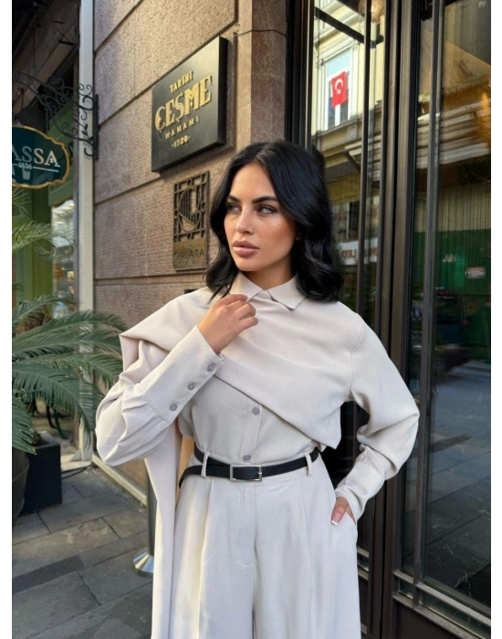 Kadın Uzun Kollu şal Detaylı Bluz Ve Pantolon Kemer Dahil Ikili Takım