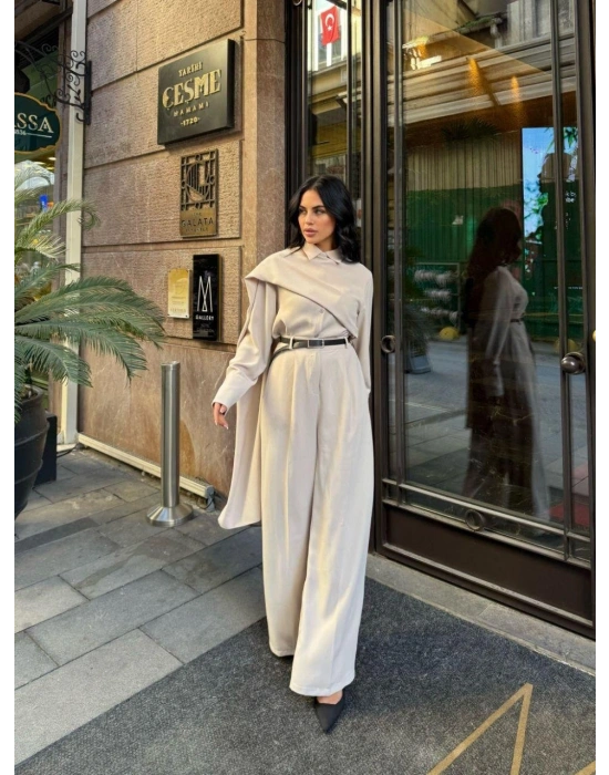 Kadın Uzun Kollu şal Detaylı Bluz Ve Pantolon Kemer Dahil Ikili Takım
