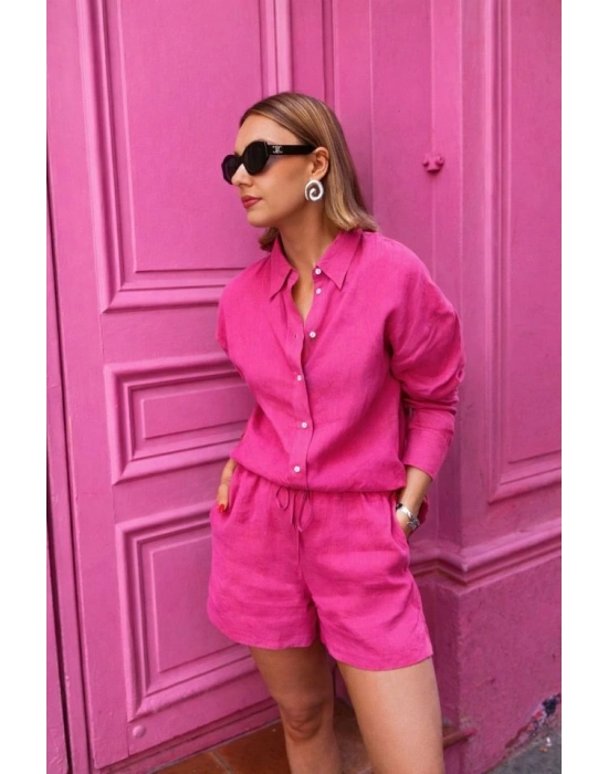 Kadın Uzun Kollu Salaş Gömlek Ve şort Keten Ikili Takım