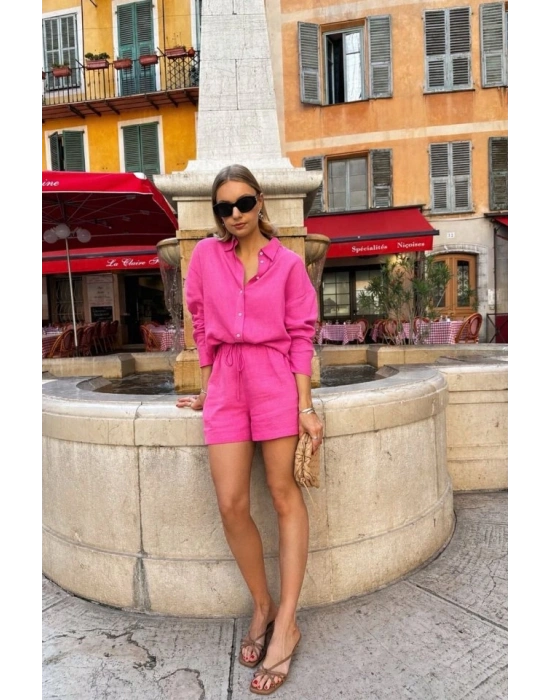 Kadın Uzun Kollu Salaş Gömlek Ve şort Keten Ikili Takım