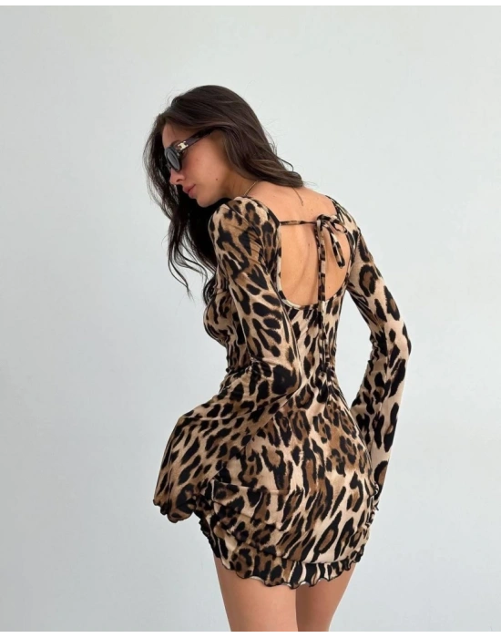 Kadın Uzun Kollu Sırtı Açık Bağlamalı Leopar Desenli Kısa Dalgıç Elbise