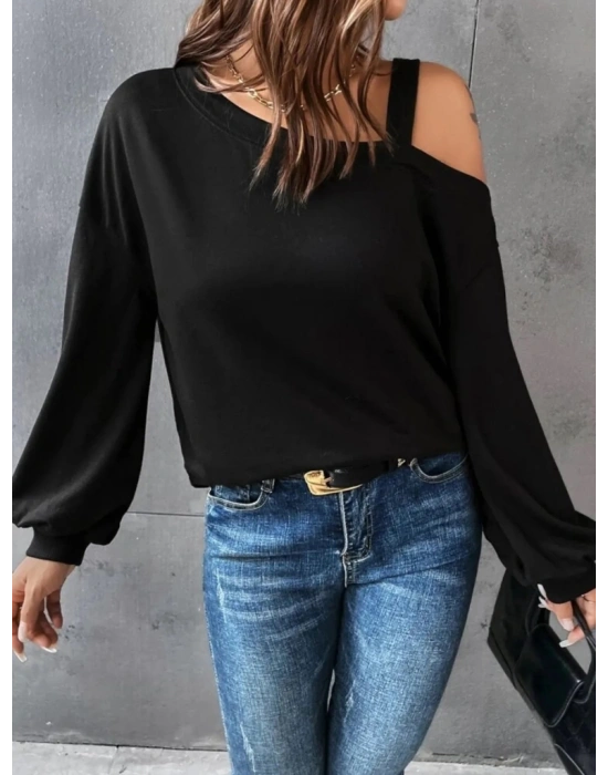 Kadın Uzun Kollu Tek Omuz Askı Detay Salaş Viskon Iki Iplik Bluz