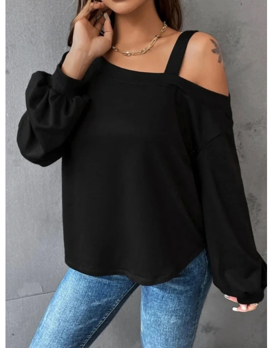 Kadın Uzun Kollu Tek Omuz Askı Detay Salaş Viskon Iki Iplik Bluz