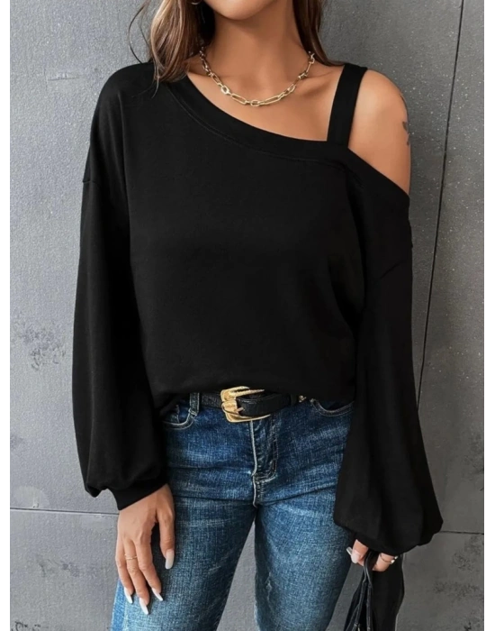 Kadın Uzun Kollu Tek Omuz Askı Detay Salaş Viskon Iki Iplik Bluz