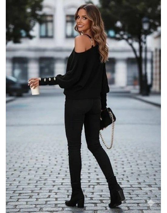 Kadın Uzun Kollu Tek Omuzdan Açık Askı Detaylı Waffle Bluz