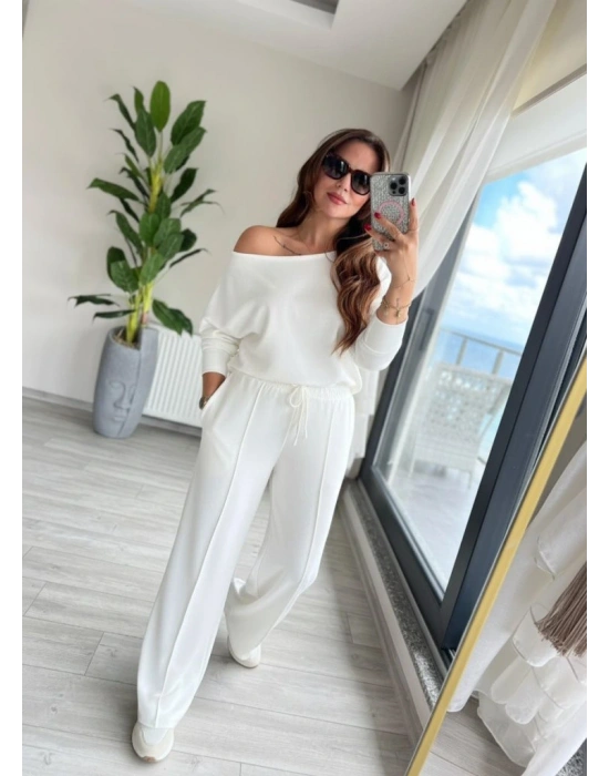 Kadın Uzun Kollu Tek Omuzdan Açık Dalgıç Bluz Ve Pantolon Ikili Takım