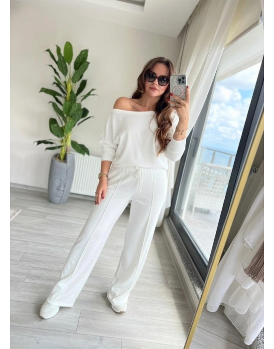 Kadın Uzun Kollu Tek Omuzdan Açık Dalgıç Bluz Ve Pantolon Ikili Takım