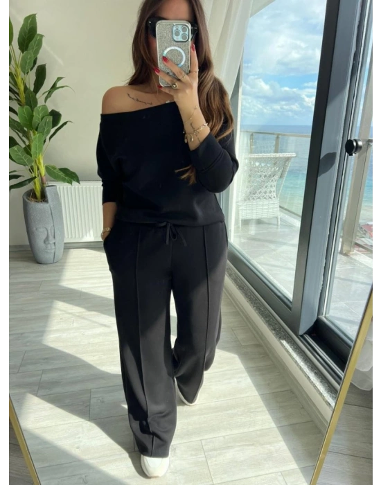 Kadın Uzun Kollu Tek Omuzdan Açık Modal Bluz Ve Pantolon Ikili Takım