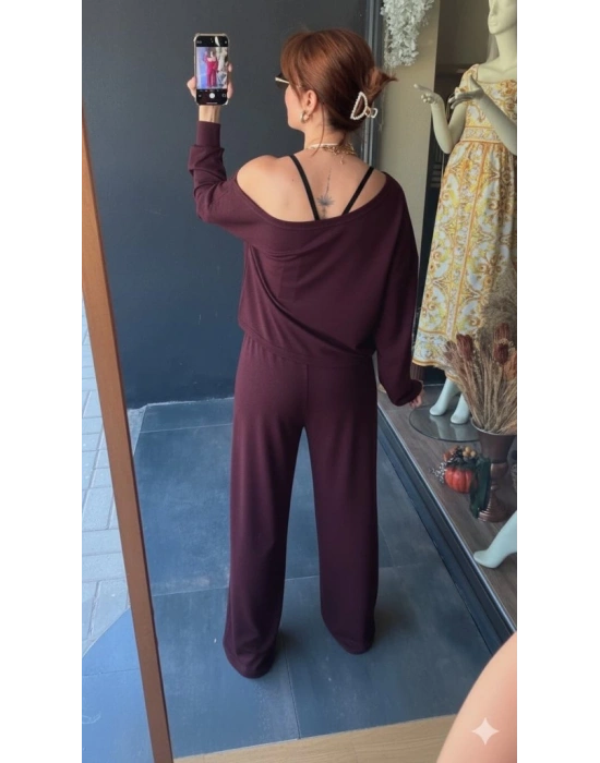 Kadın Uzun Kollu Tek Omuzdan Açık Viskon Iki Iplik Bluz Ve Pantolon Ikili Takım