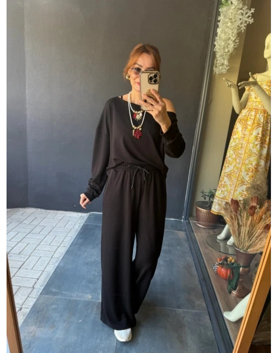 Kadın Uzun Kollu Tek Omuzdan Açık Viskon Iki Iplik Bluz Ve Pantolon Ikili Takım