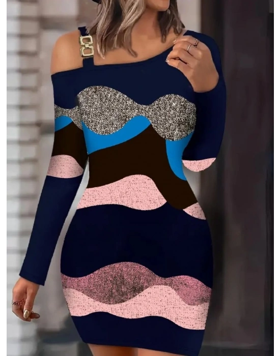 Kadın Uzun Kollu Tek Omuzu Askı Toka Detaylı Kısa Dalgıç Elbise