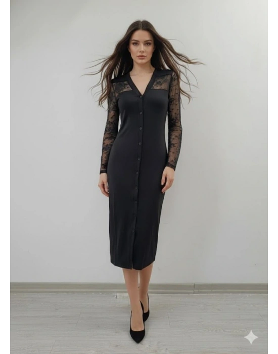 Kadın Uzun Kollu Transparan Detay Midi Boy Elbise