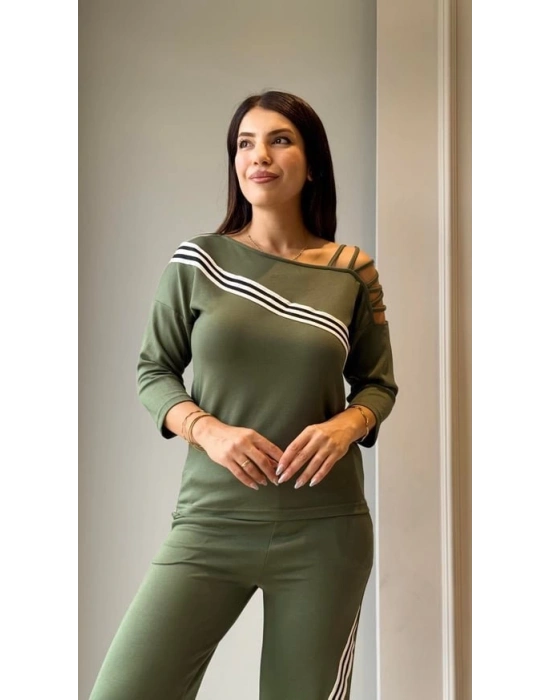 Kadın Uzun Kollu Truvakar Kol Tek Omuz çapraz şerit Detaylı Ribanalı Viskon Iki Iplik Bluz Ve Pantolon Ikili Takım